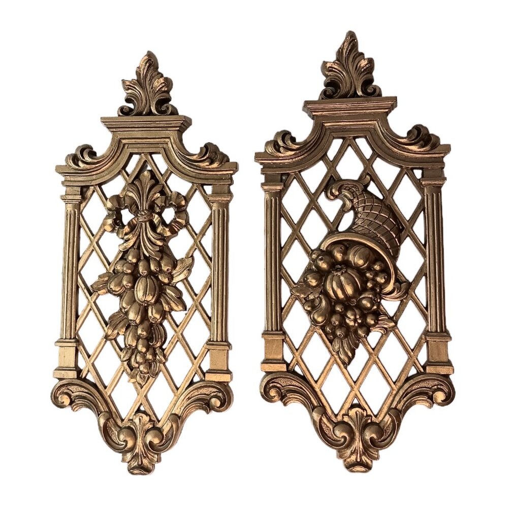 1970’s Hollywood Regency Gold Wall Plaques Set Of Two Dart Industries Syroco
